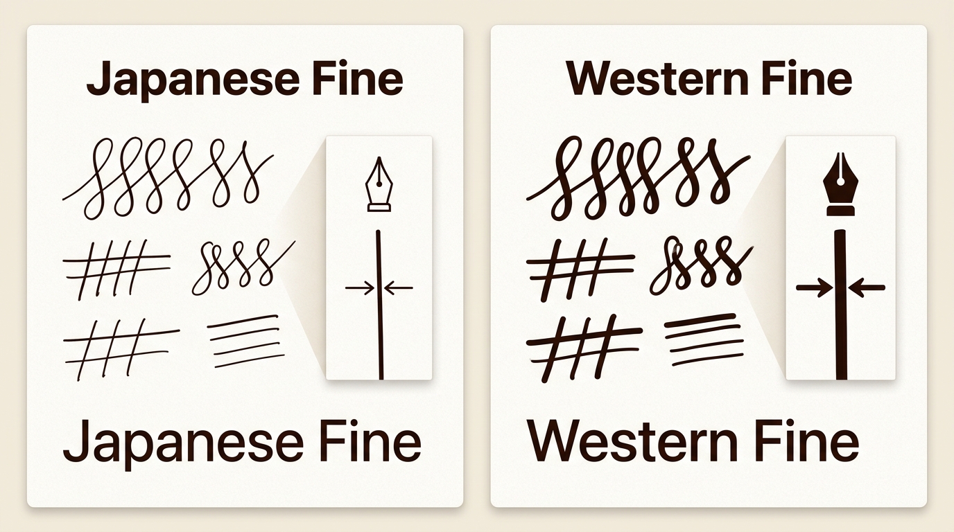 Understand how Japanese nibs, engineered for precision, write one full size finer than Western counterparts, impacting your choice for detailed work.