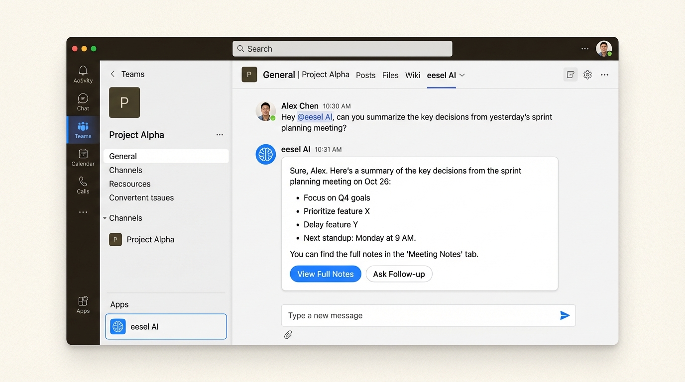 Interface do produto eesel AI para integração com o Microsoft Teams