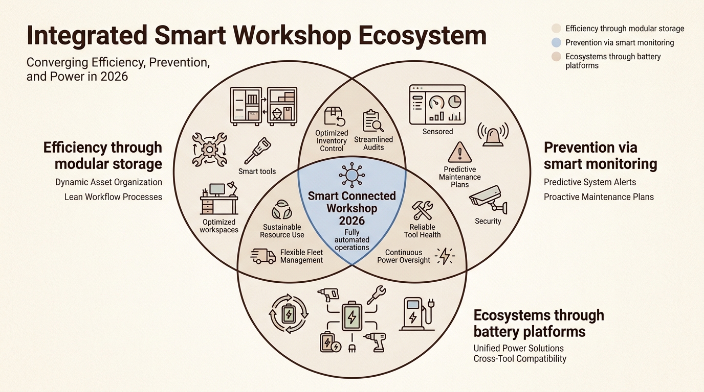 The convergence of modularity, smart technology, and brand ecosystems defines the next generation of workshop efficiency and home maintenance strategy.