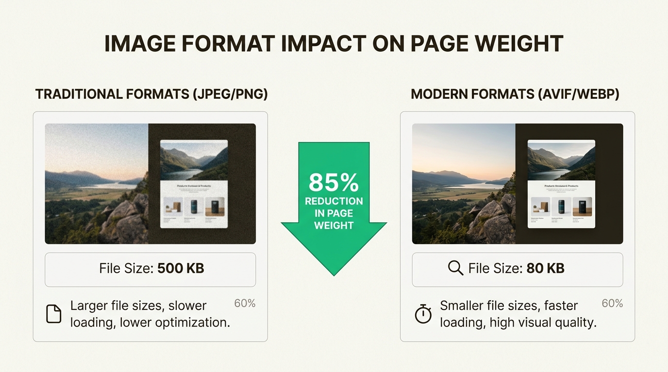 Modern image formats AVIF and WebP reduce page weight for better LCP