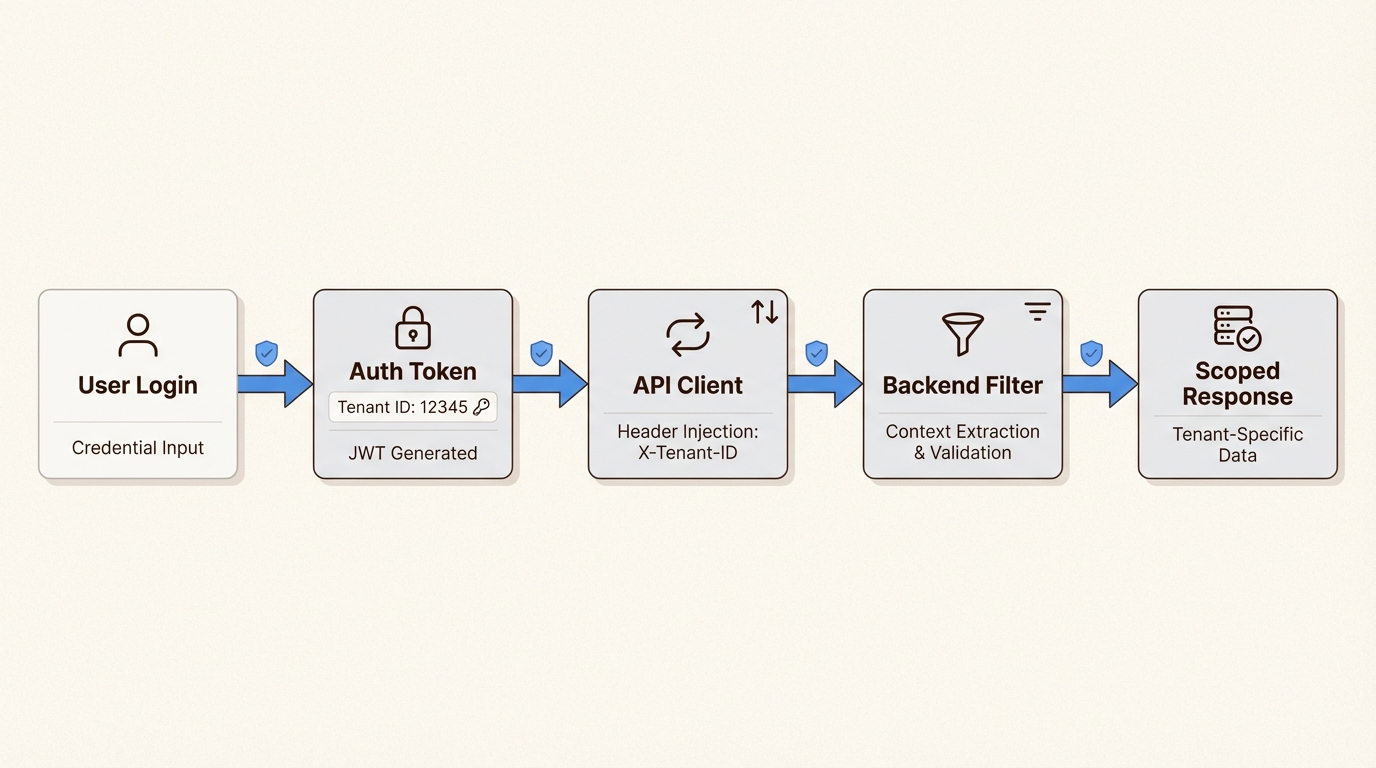 Tenant context flow across frontend and backend layers to maintain data isolation