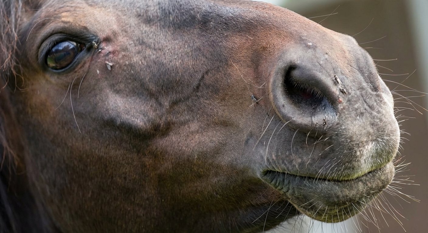 A horse experiencing fly irritation around its sensitive face and eye area