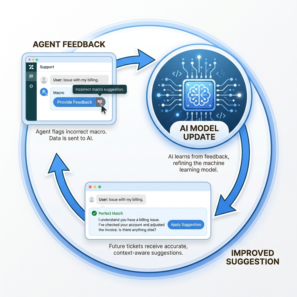 Ciclo de feedback do agente melhorando a precisão das sugestões de IA para equipes de suporte