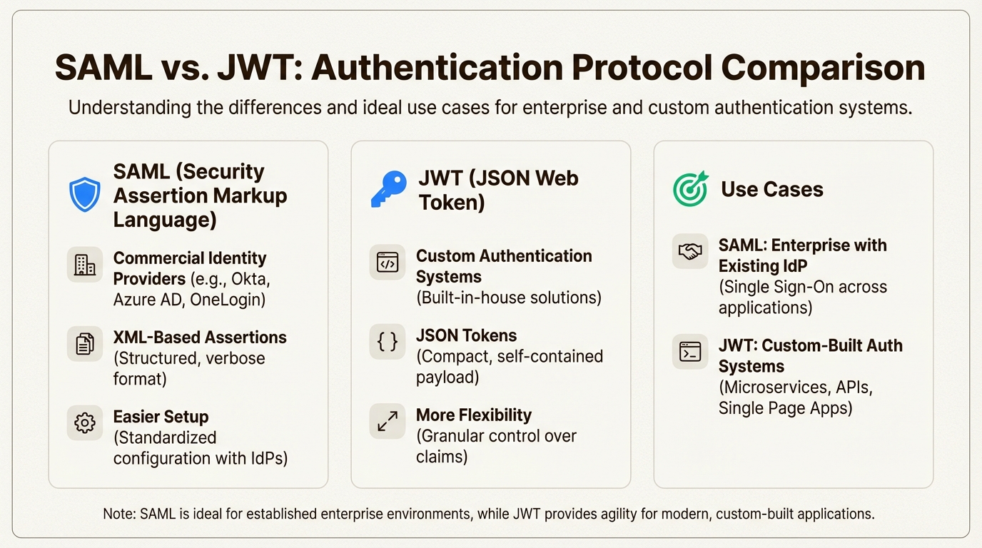 Choosing between SAML and JWT depends on your existing identity infrastructure