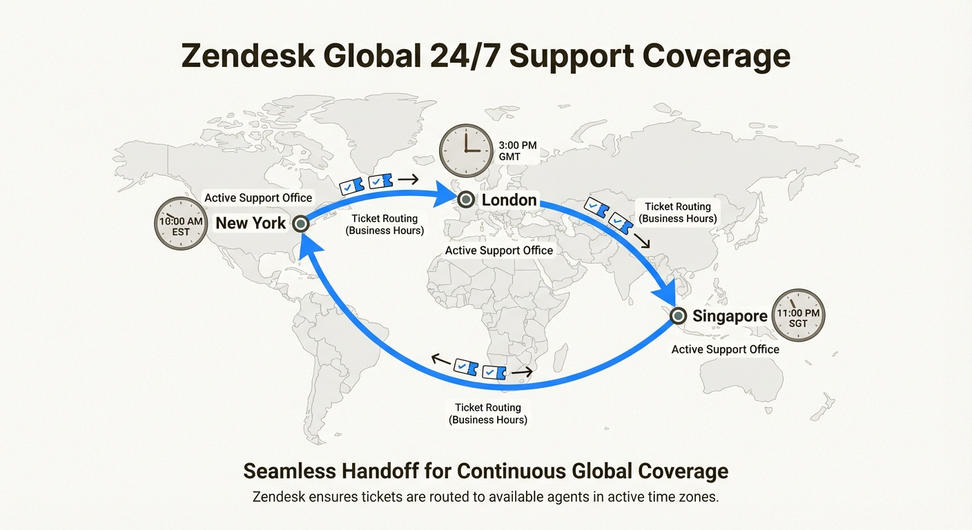 Los equipos globales utilizan la programación con reconocimiento de la zona horaria para enrutar los tickets a las regiones de soporte activas
