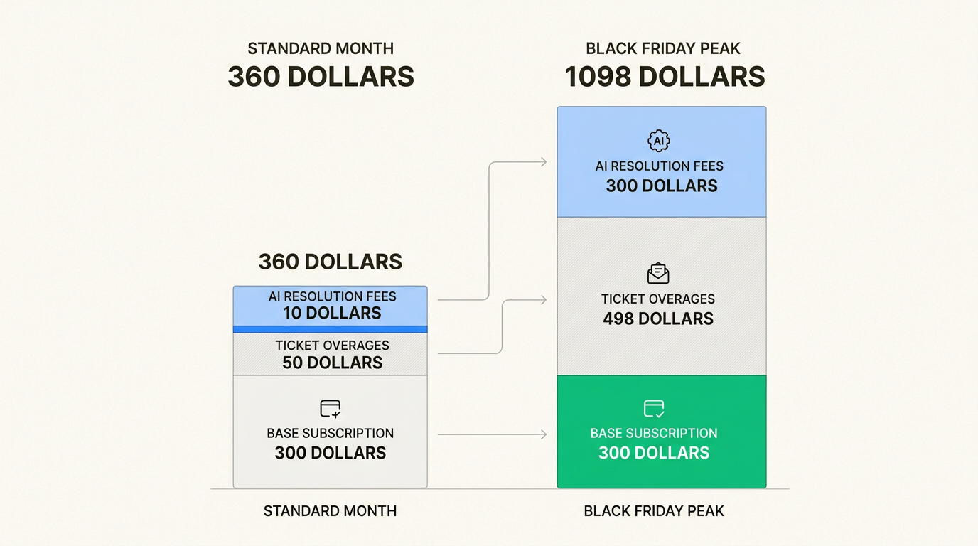 ピークショッピングシーズンは、チケットの超過料金とAIによる解決料金を通じてサポートコストを押し上げます