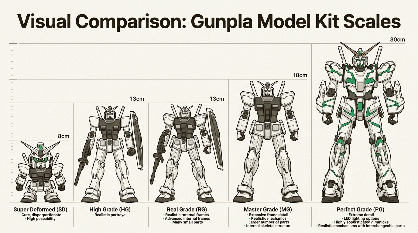 Visualize the distinct size differences across Gunpla scales, from compact SD models to impressive Perfect Grade centerpieces.