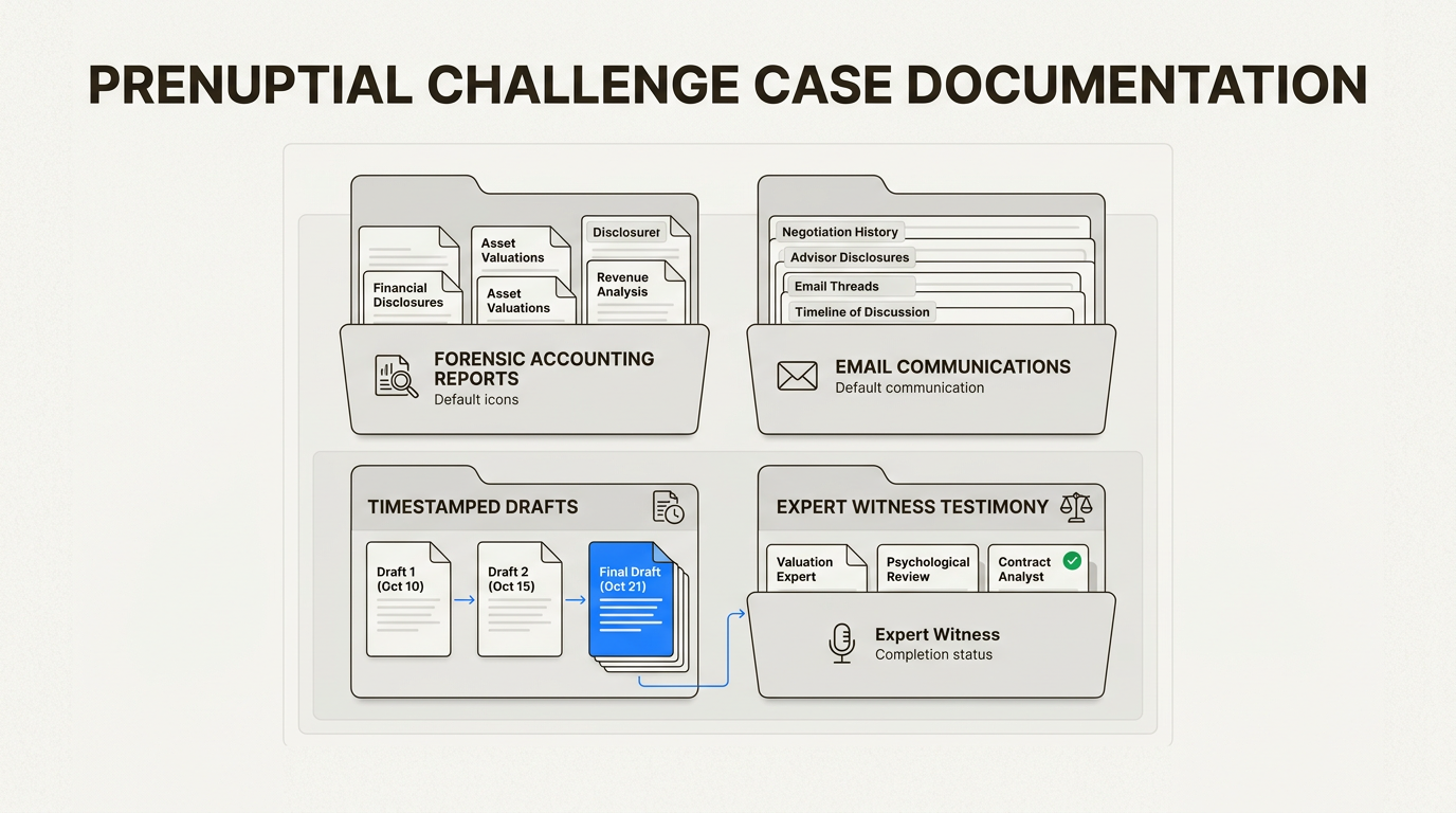 Robust documentation including financial records and communication logs serves as the primary evidence when challenging or defending a prenuptial agreement.