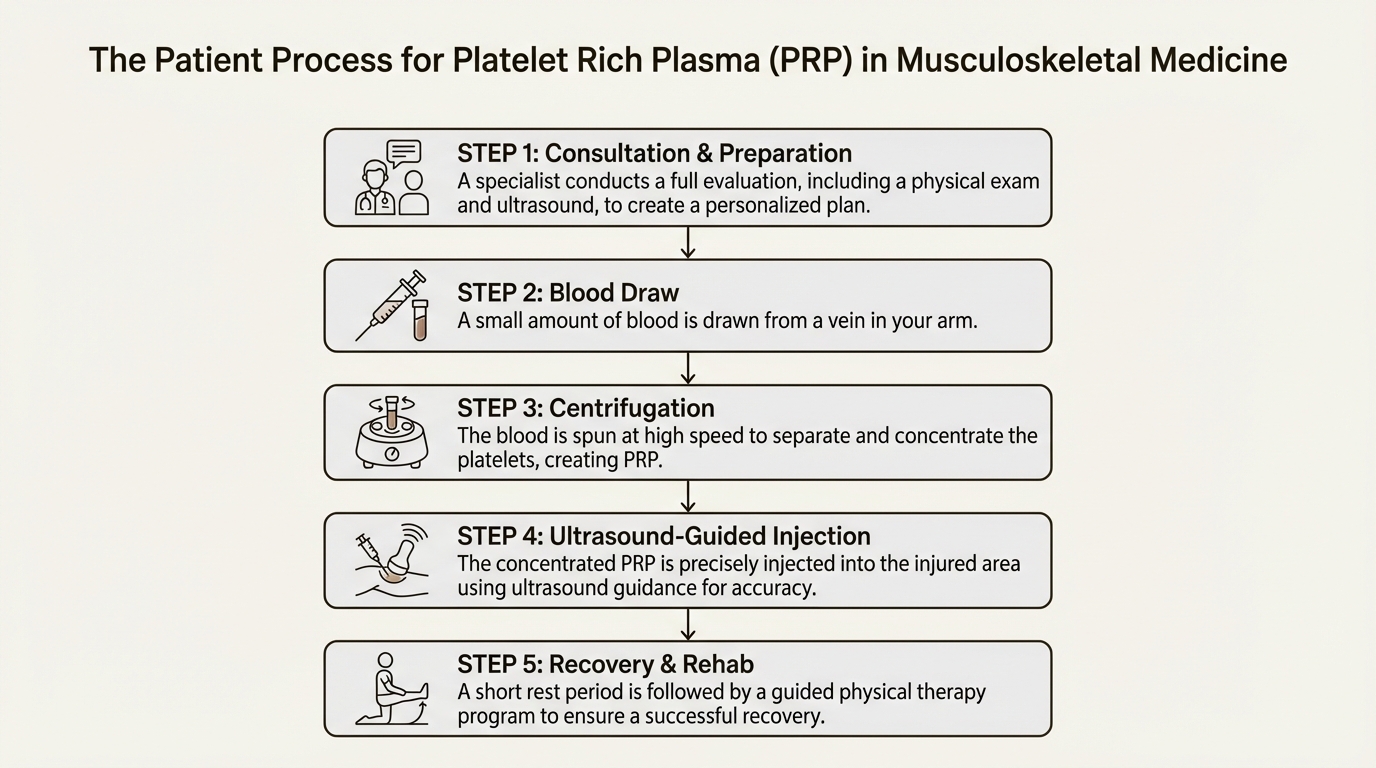 A step-by-step workflow of the patient experience during the Platelet Rich Plasma (PRP) treatment process.