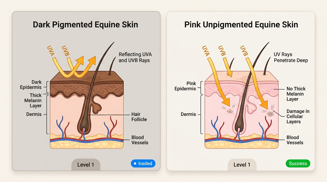 Melanin acts as a natural barrier against UV rays, making horses with pink skin significantly more susceptible to deep tissue damage.