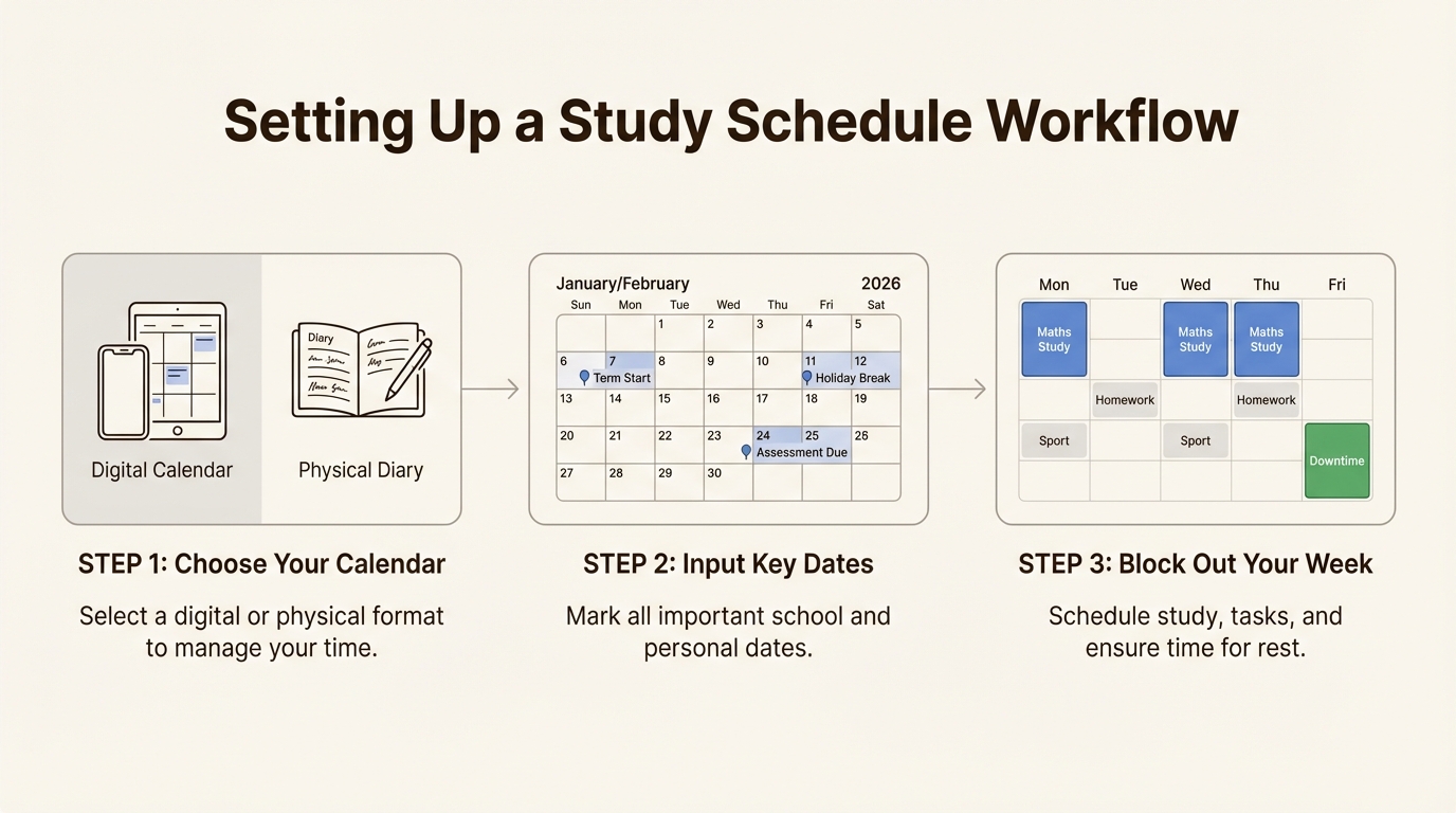 A 3-step workflow for setting up a study schedule, from choosing a calendar to blocking out your week.