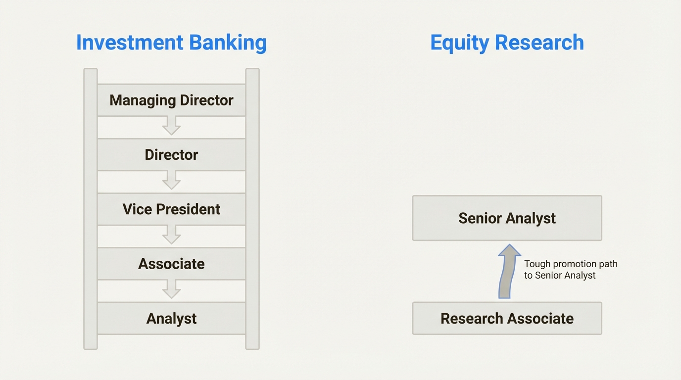 An infographic comparing the career paths in Equity Research vs Investment Banking, showing IB's structured ladder versus ER's flatter hierarchy.