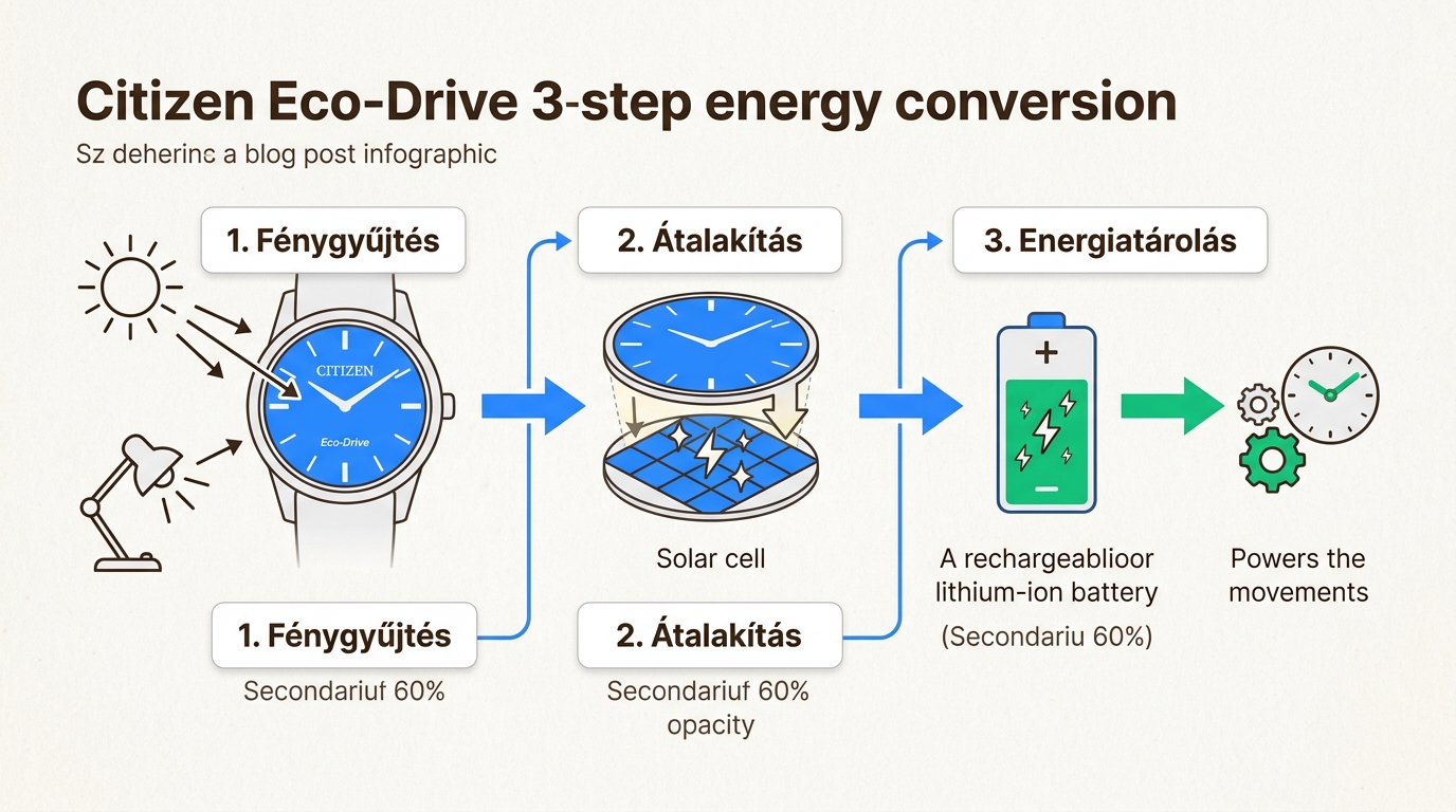 Ez az infografika lépésről lépésre mutatja be, hogyan alakítja át a Citizen Eco-Drive óra a fényt energiává a működéséhez.