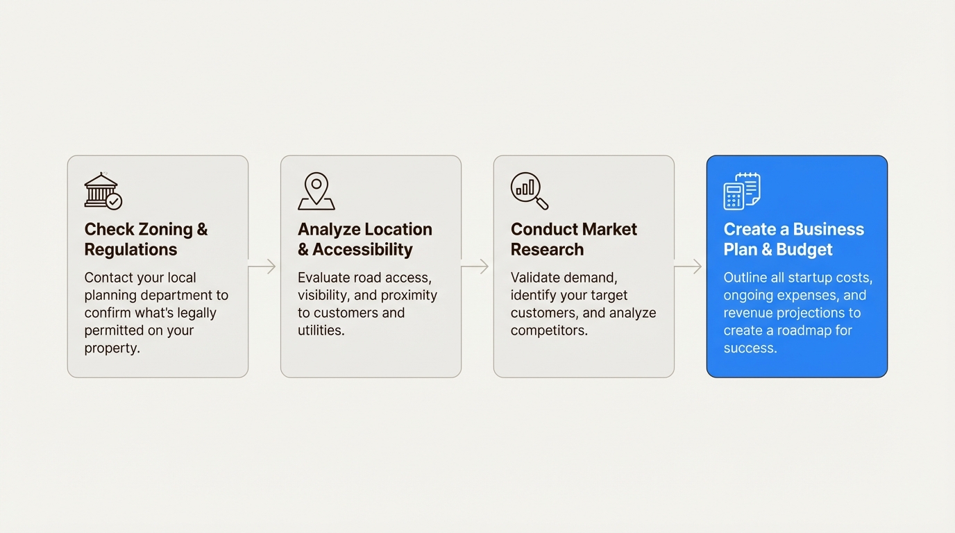 A four-step workflow for vetting land business ideas, covering zoning, location analysis, market research, and business planning.