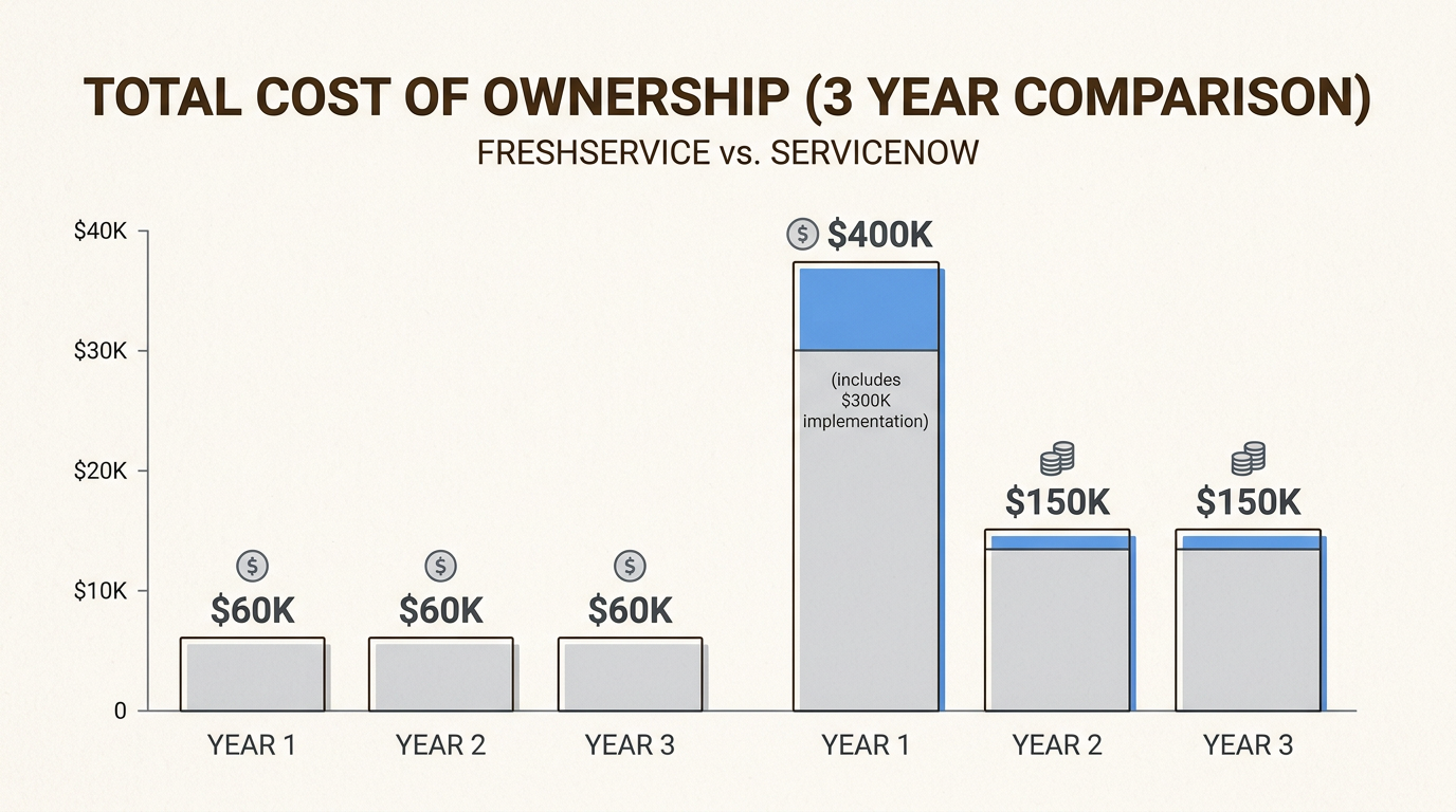 Les coûts de mise en œuvre initiaux de ServiceNow créent un coût total de possession nettement plus élevé par rapport à la tarification prévisible de Freshservice