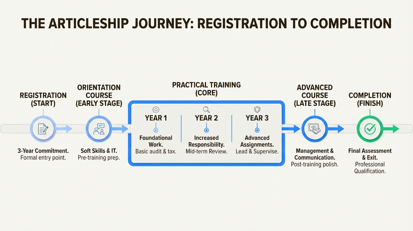 Visual representation of 18-month regular articleship followed by optional 12-month industrial training in startups