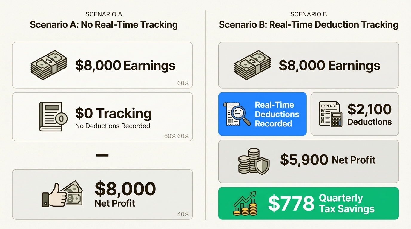 Comparison of self-employed earnings with and without real-time deduction tracking, showing $778 quarterly tax savings.