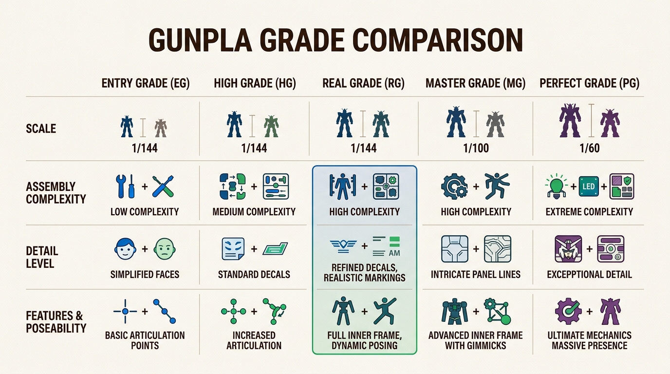 Use this quick reference table to understand the scale and complexity of each Gunpla grade, helping you choose your perfect first model.