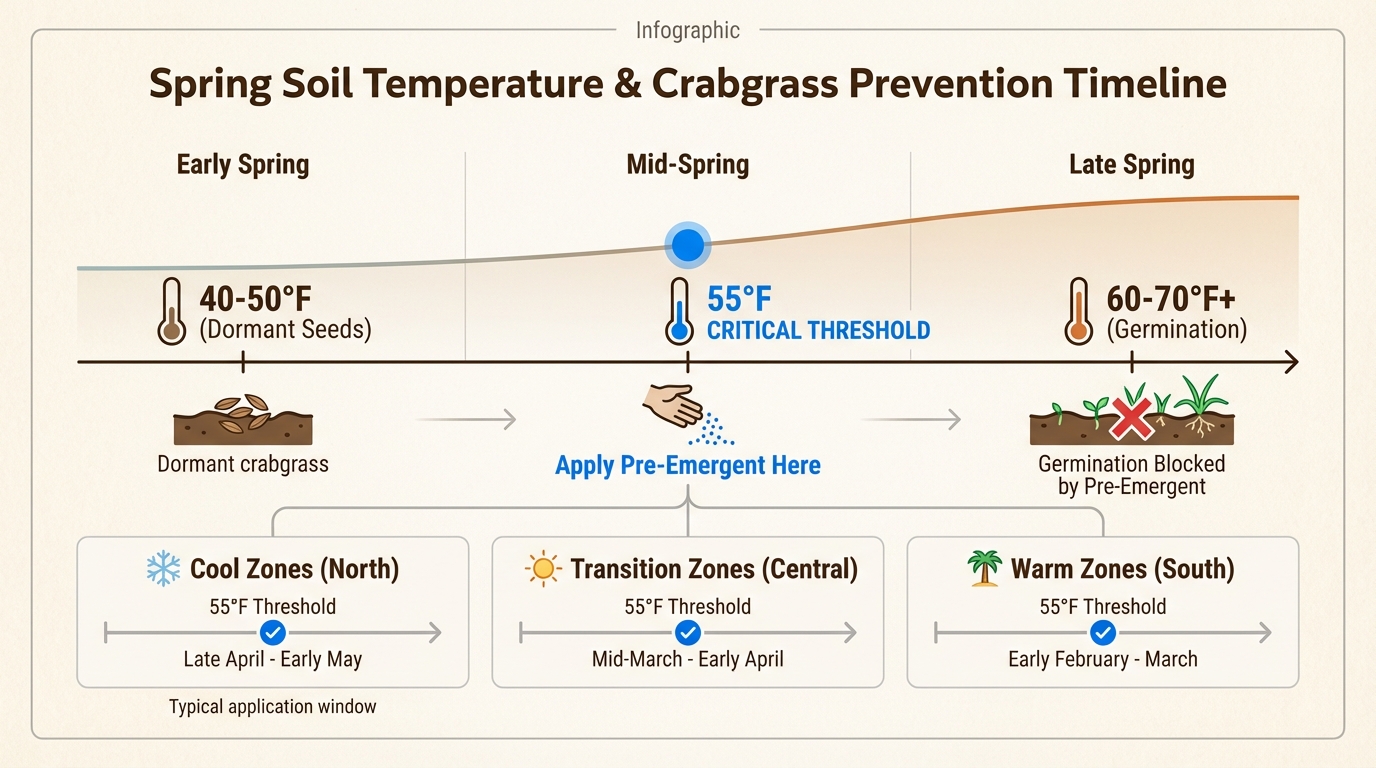 Applying pre-emergent herbicide before soil temperatures hit 55 degrees creates a barrier that stops weed seeds before they can sprout.