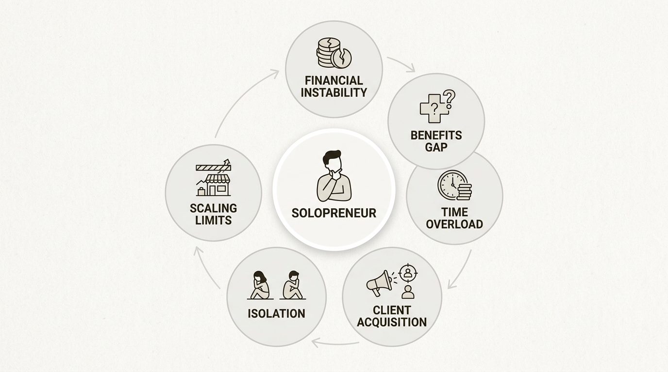 Visualizing the six core challenges that create a compounding cycle of stress for independent workers.