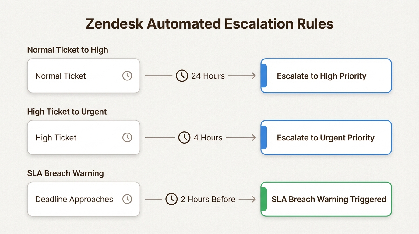 Les déclencheurs automatisés basés sur le temps empêchent les tickets de stagner en augmentant progressivement leur priorité à mesure qu'ils approchent des échéances du SLA.