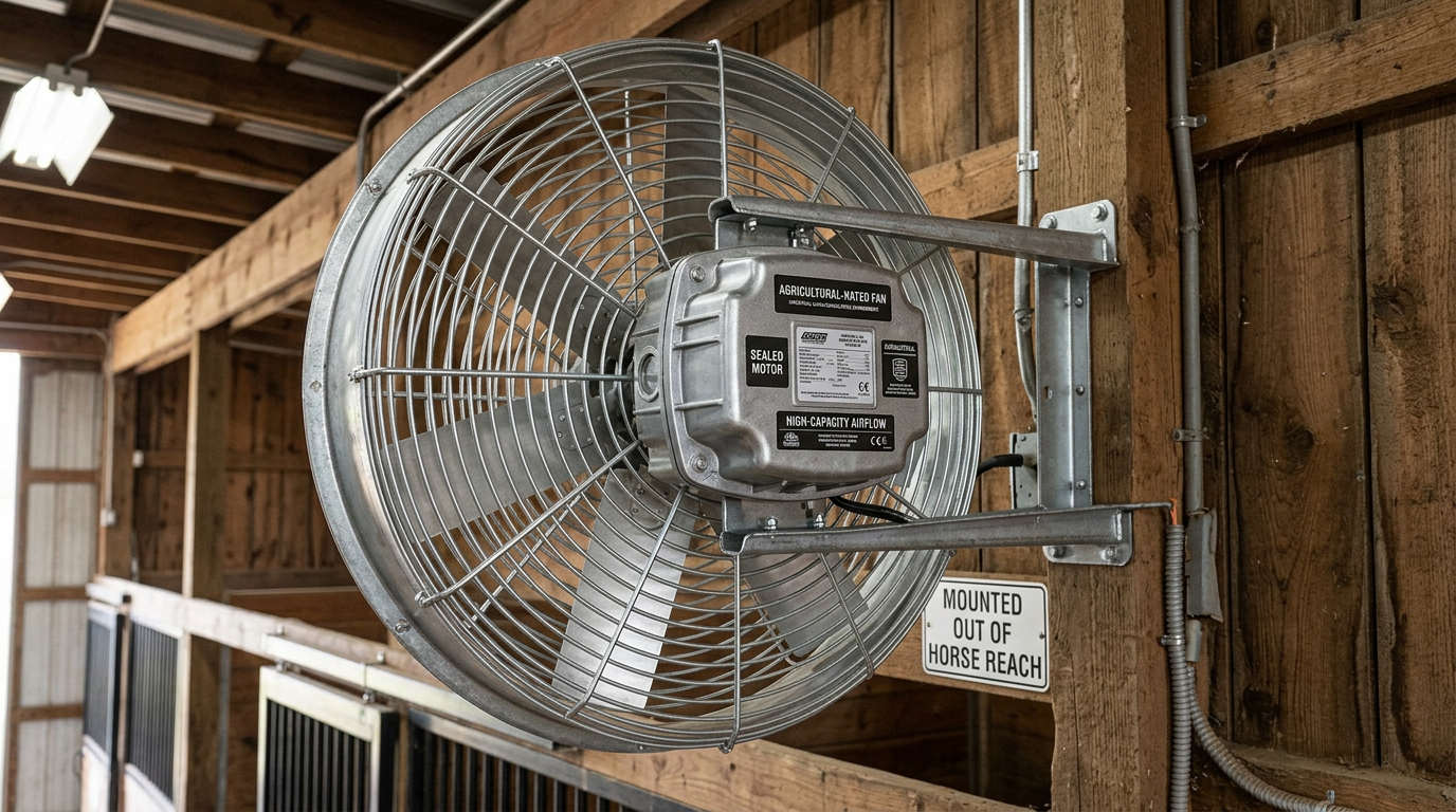 Using agricultural-rated fans with enclosed motors prevents dust-related fire hazards while providing consistent cooling for stalled horses.