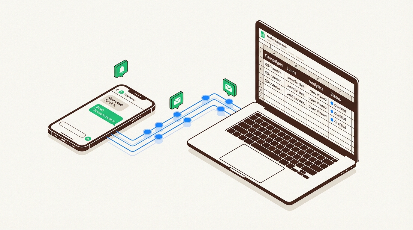 Mobile messaging integrated with desktop data tools for efficient WhatsApp outreach management.
