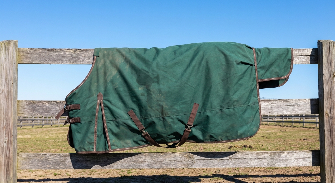 A clean horse blanket hanging to dry on a clothesline before waterproofing treatment