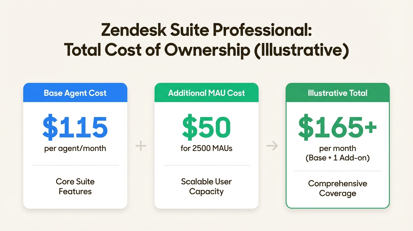 Cálculo de costes que muestra las tarifas fijas de los agentes más los límites variables de usuarios activos mensuales