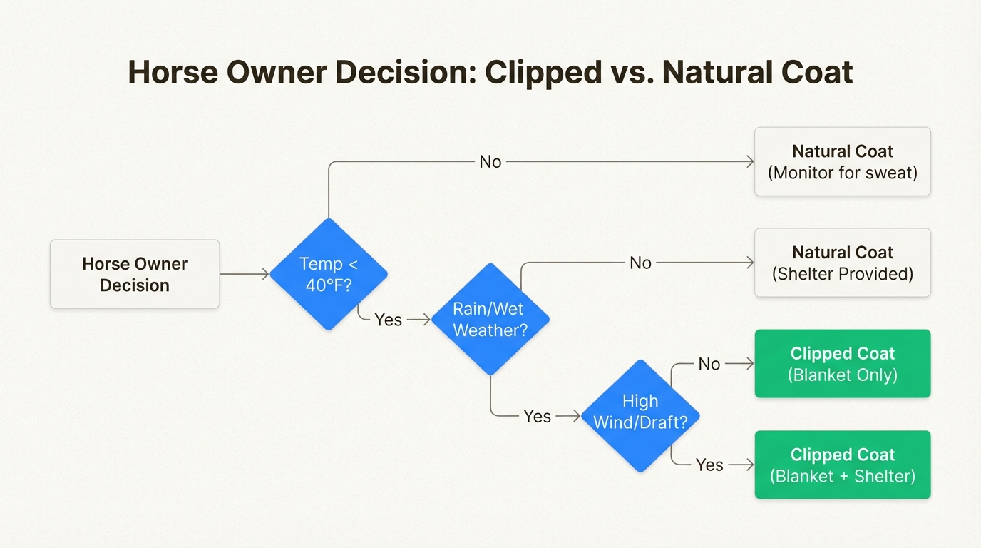 This decision framework simplifies complex weather variables to help you determine if your horse requires a blanket or natural insulation.