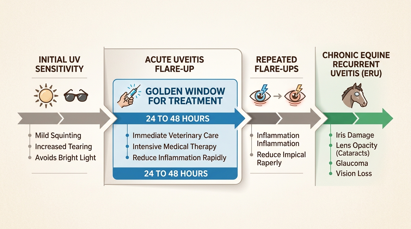 This timeline emphasizes the critical importance of early veterinary intervention within the first two days to prevent irreversible scarring and vision loss.