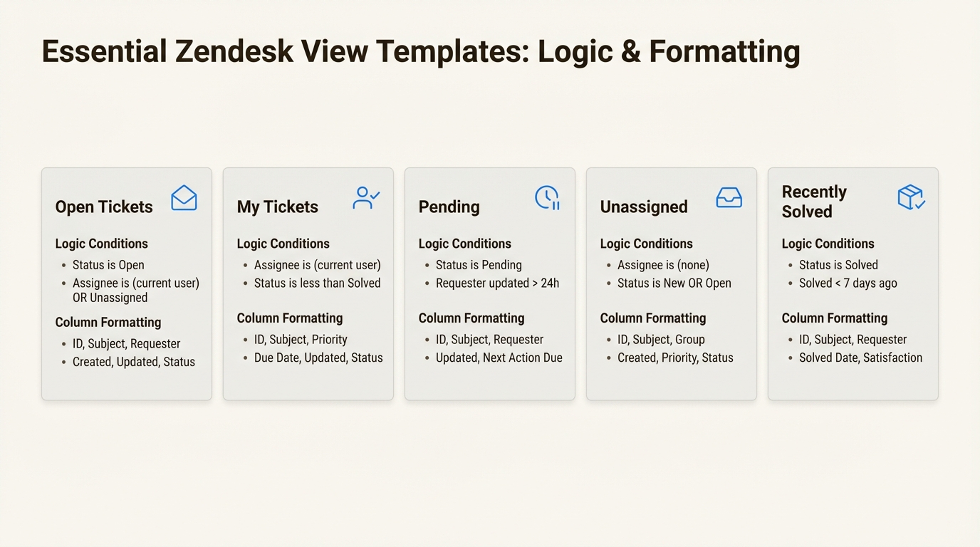 Estas cinco plantillas de vista centrales proporcionan un marco integral para administrar cada etapa del ciclo de vida del ticket, desde el triaje hasta la resolución.