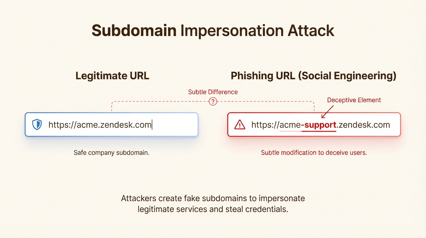 La visualización de los riesgos de suplantación de identidad demuestra lo fácilmente que se pueden imitar los subdominios y por qué los dominios personalizados ofrecen una seguridad superior para sus clientes.