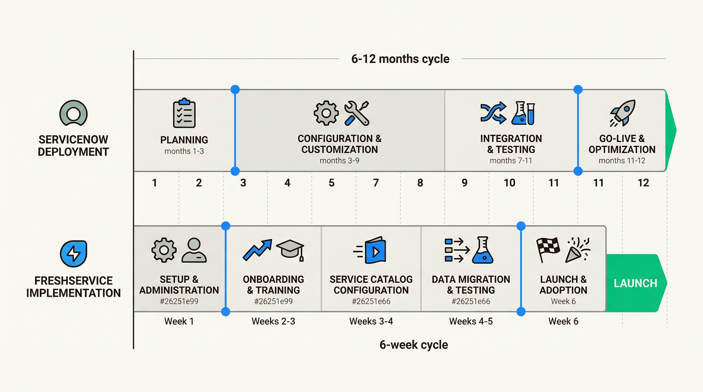 Comparaison du temps d'implémentation montrant le déploiement plus long de ServiceNow par rapport à la configuration plus rapide de Freshservice
