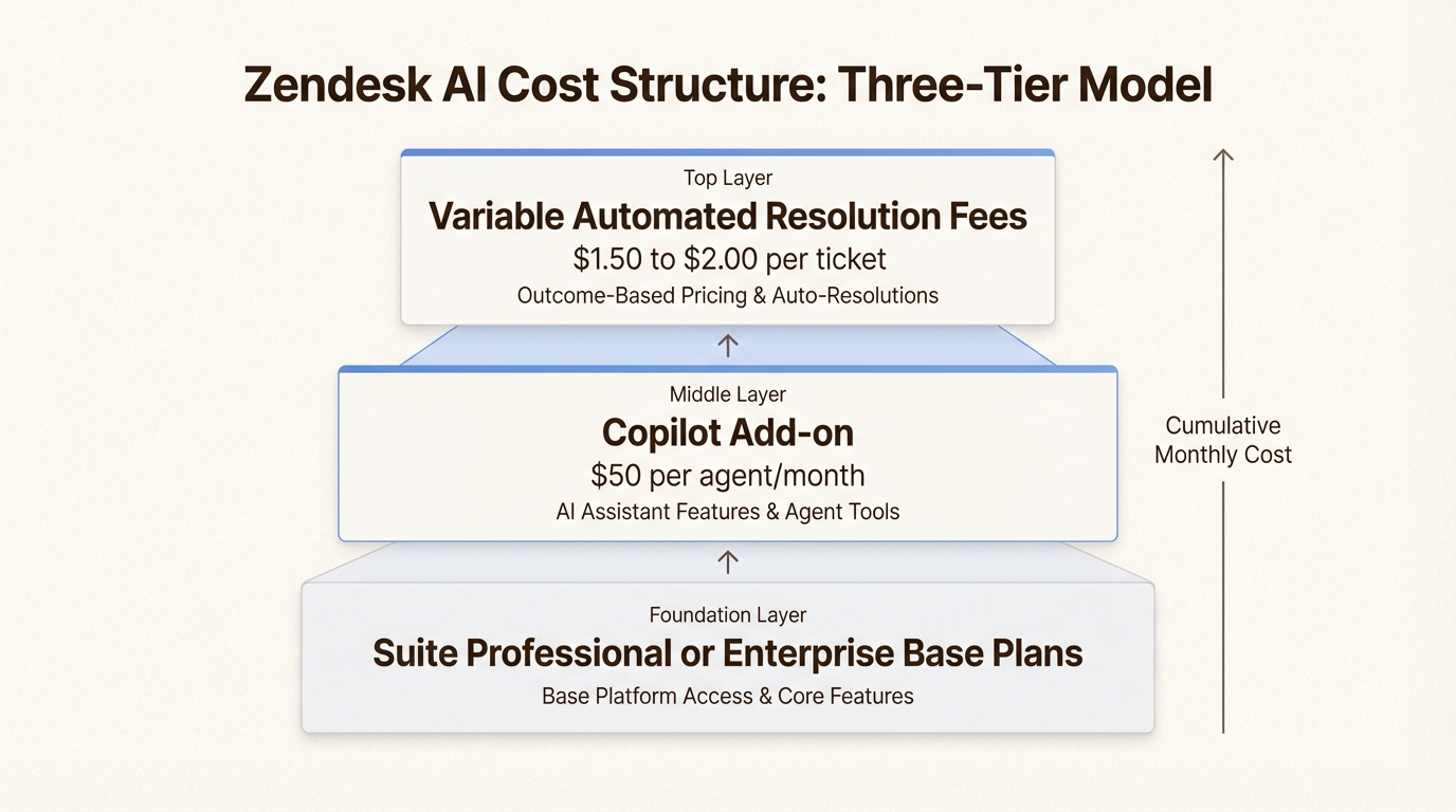 Modelo de preços em camadas mostrando como os custos totais aumentam com o tamanho da equipe e o volume de tickets automatizados por IA