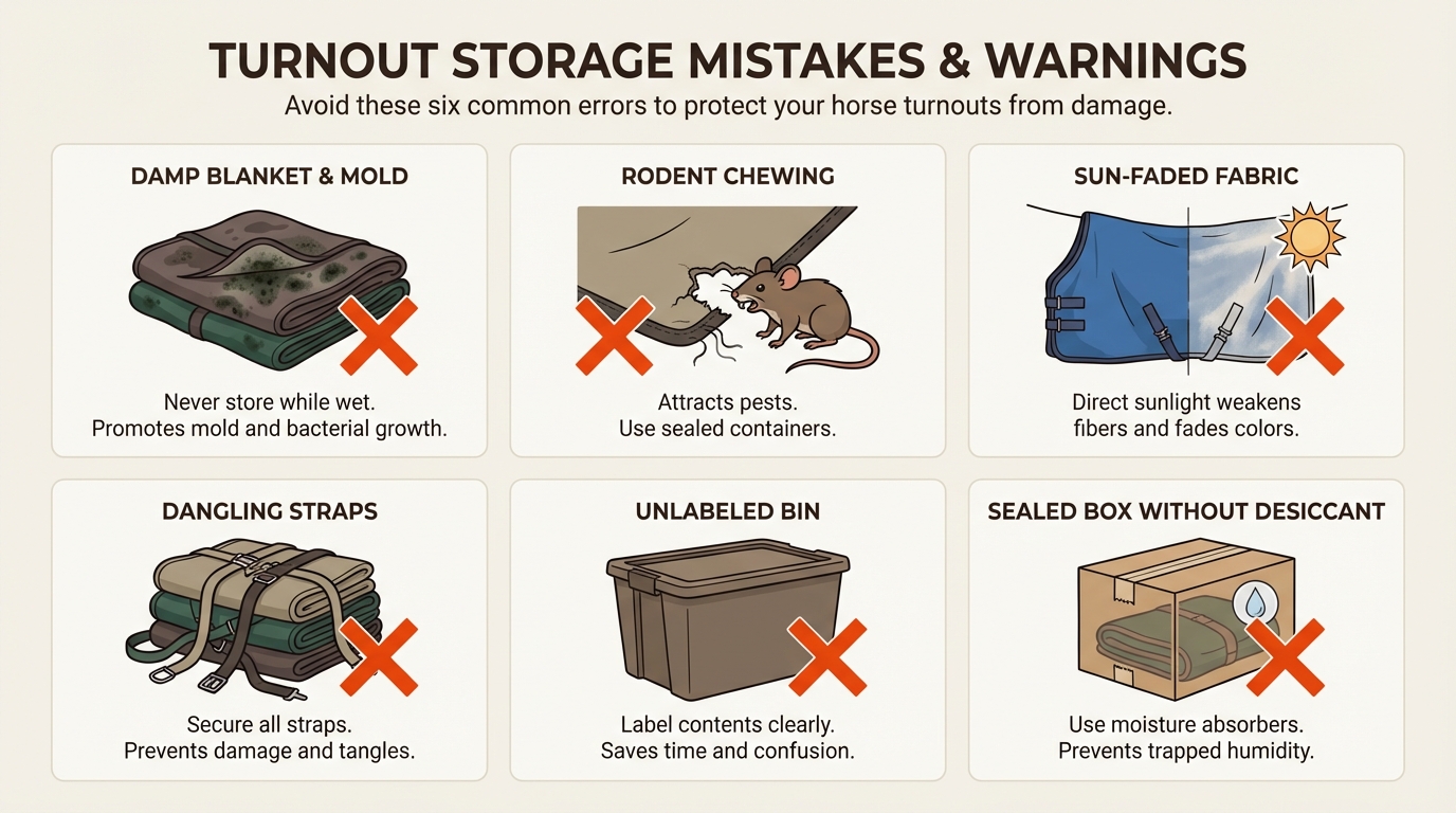 Avoiding these frequent storage pitfalls prevents costly damage to technical fabrics and keeps your horse's gear hygienic.