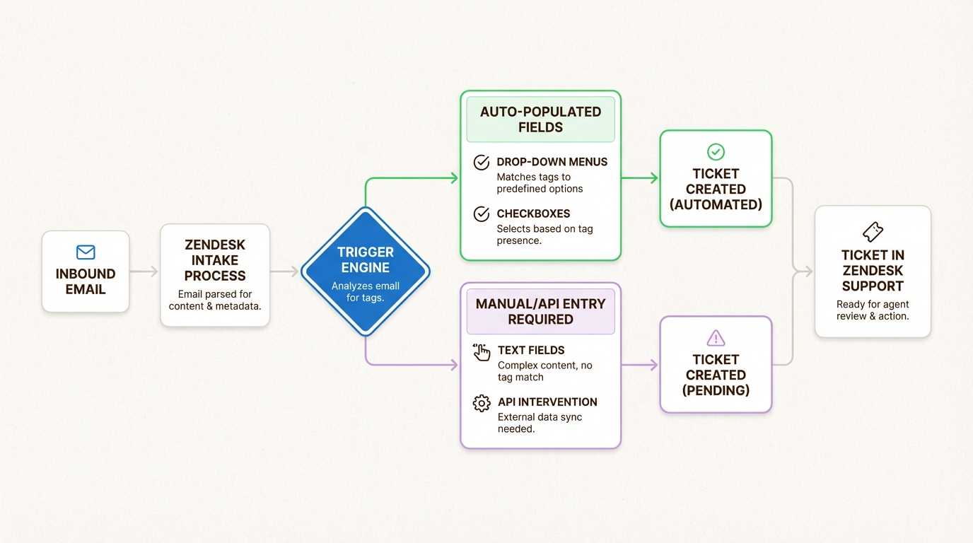 Workflow visualizando a automação entre campos personalizados baseados em tags e campos de texto