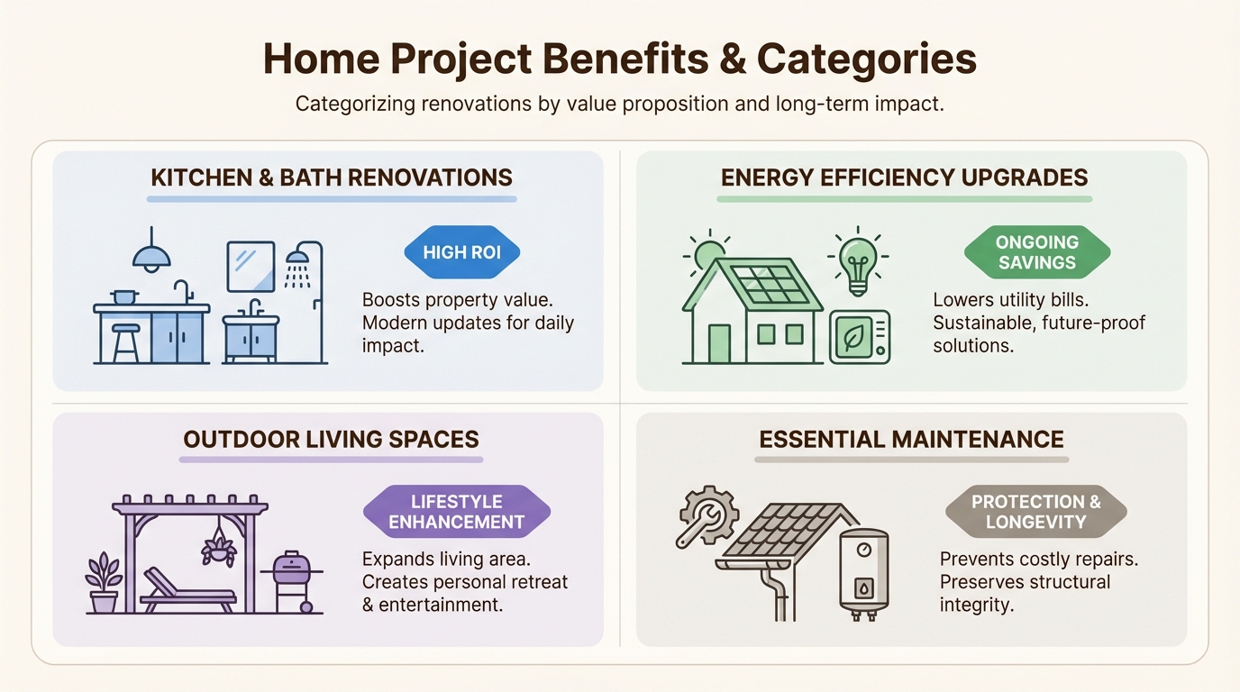 Categorizing projects by their long-term value helps homeowners prioritize which improvements offer the best return on investment in today's economy.