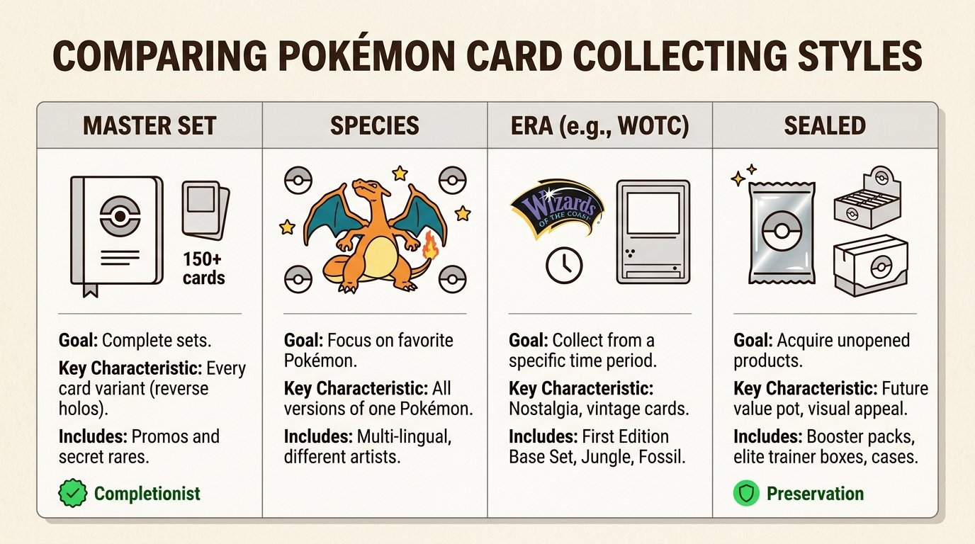A comparison of Pokémon card collecting styles: Master Set, Species, Era, and Sealed, to help you choose a focused approach.