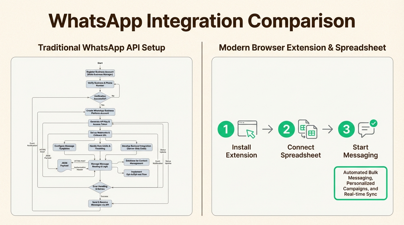 Comparison of complex API integrations versus streamlined web-based tools for different business sizes and technical resources.