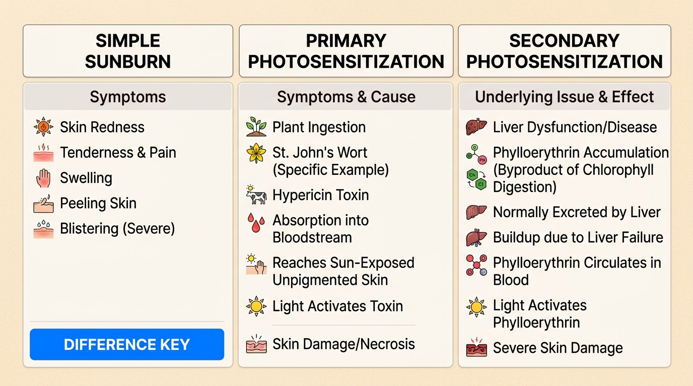 Distinguishing between simple sunburn and photosensitization is critical for identifying underlying medical emergencies like liver disease or toxic plant ingestion.