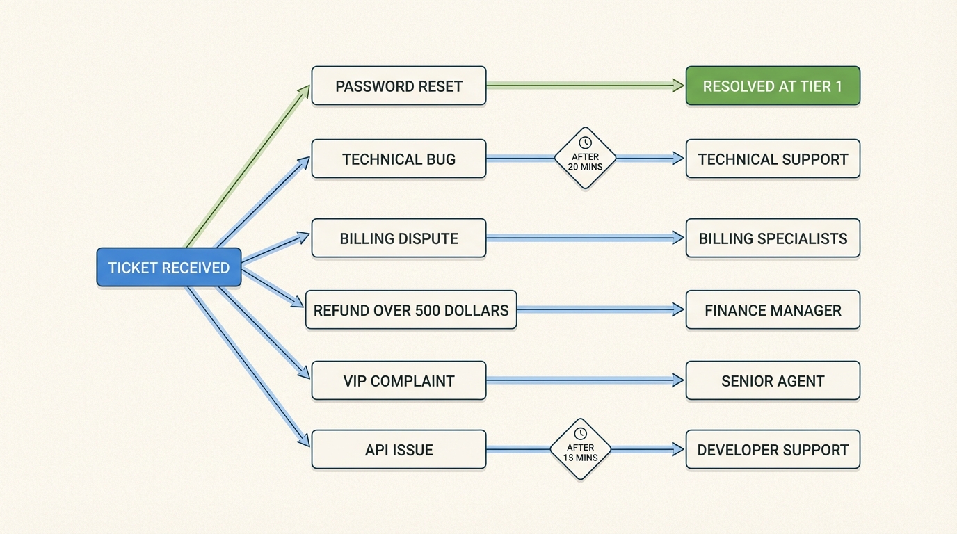 Eskalationsmatrix, die zeigt, wie Tickettypen basierend auf Dringlichkeit und technischen Anforderungen an Spezialisten weitergeleitet werden