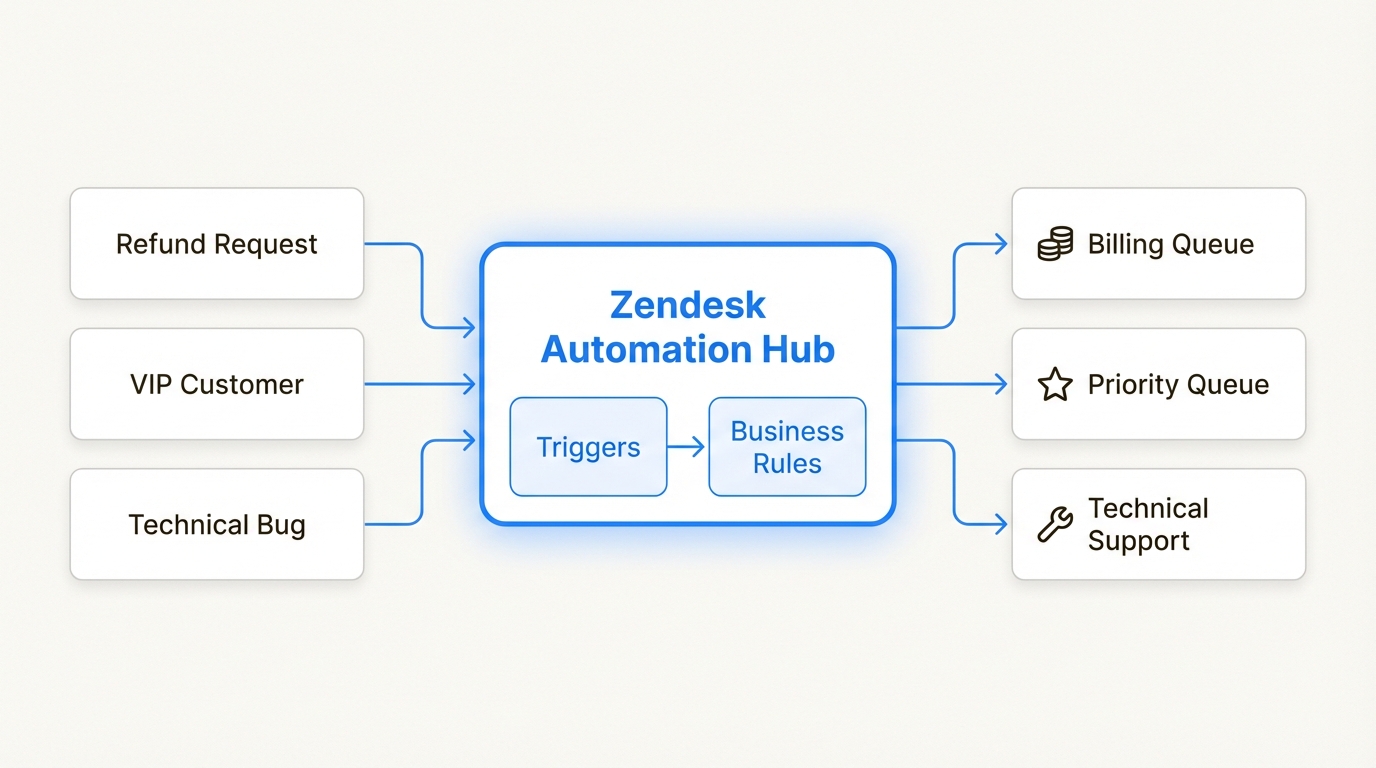 Roteamento automatizado e gatilhos direcionando os tickets de clientes para os departamentos corretos instantaneamente