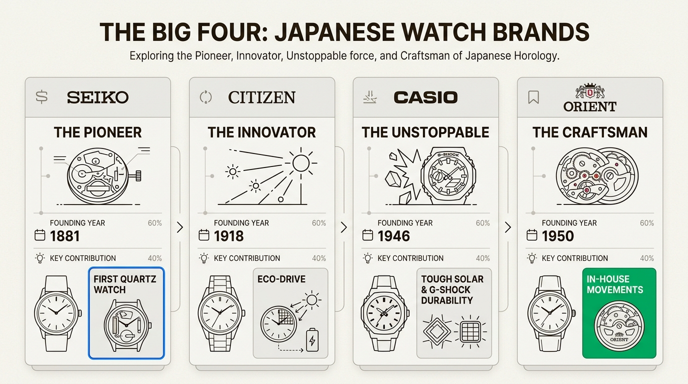 Discover the foundational 'Big Four' Japanese watch brands and their pivotal innovations that shaped modern horology and offer exceptional value.