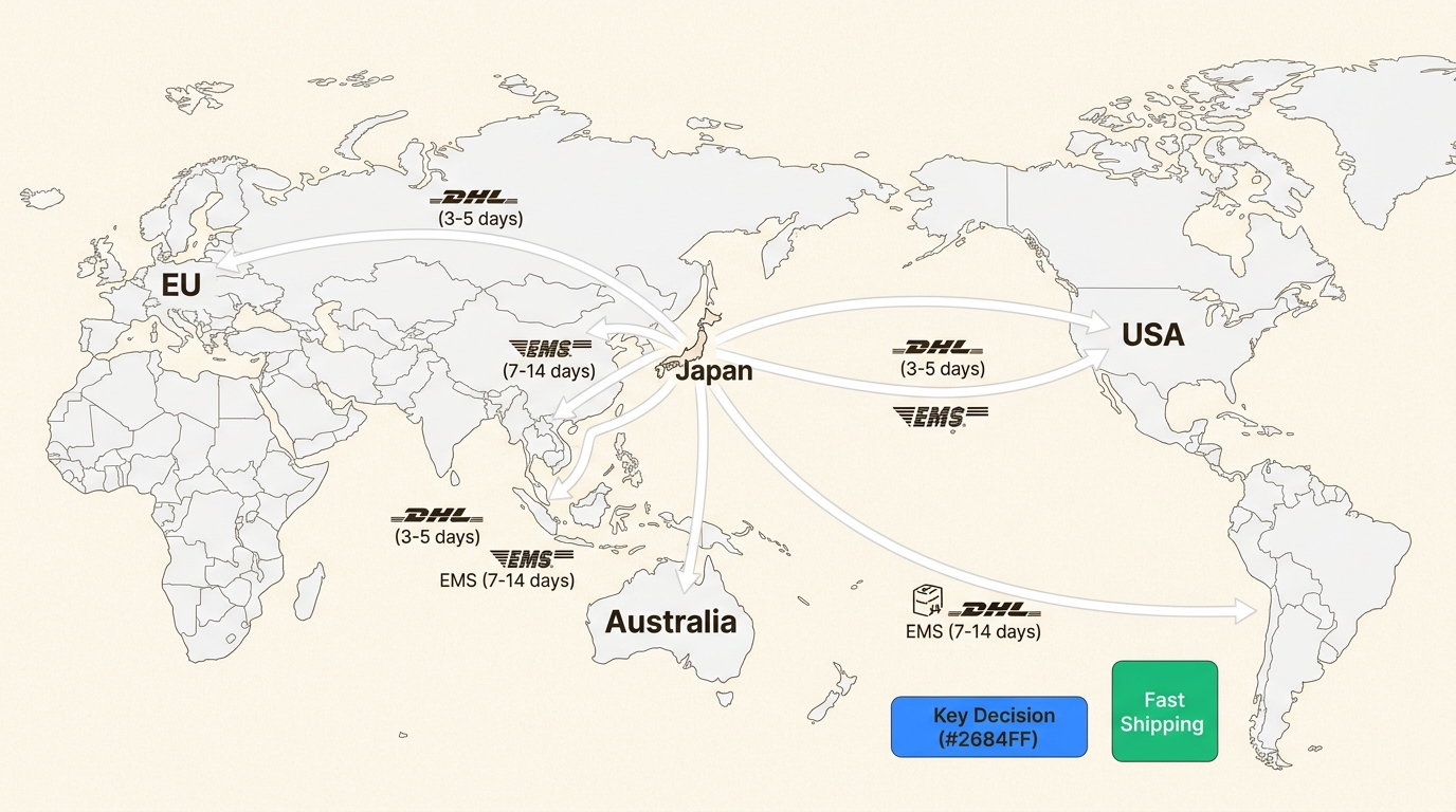See Discovery Japan Mall's extensive global reach and estimated shipping times for authentic JDM fishing gear to major regions worldwide.