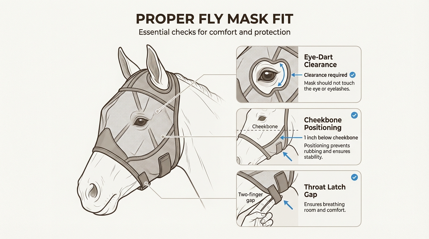 Ensuring a proper fit prevents painful rubs and keeps the mask secure during active turnout in the pasture.