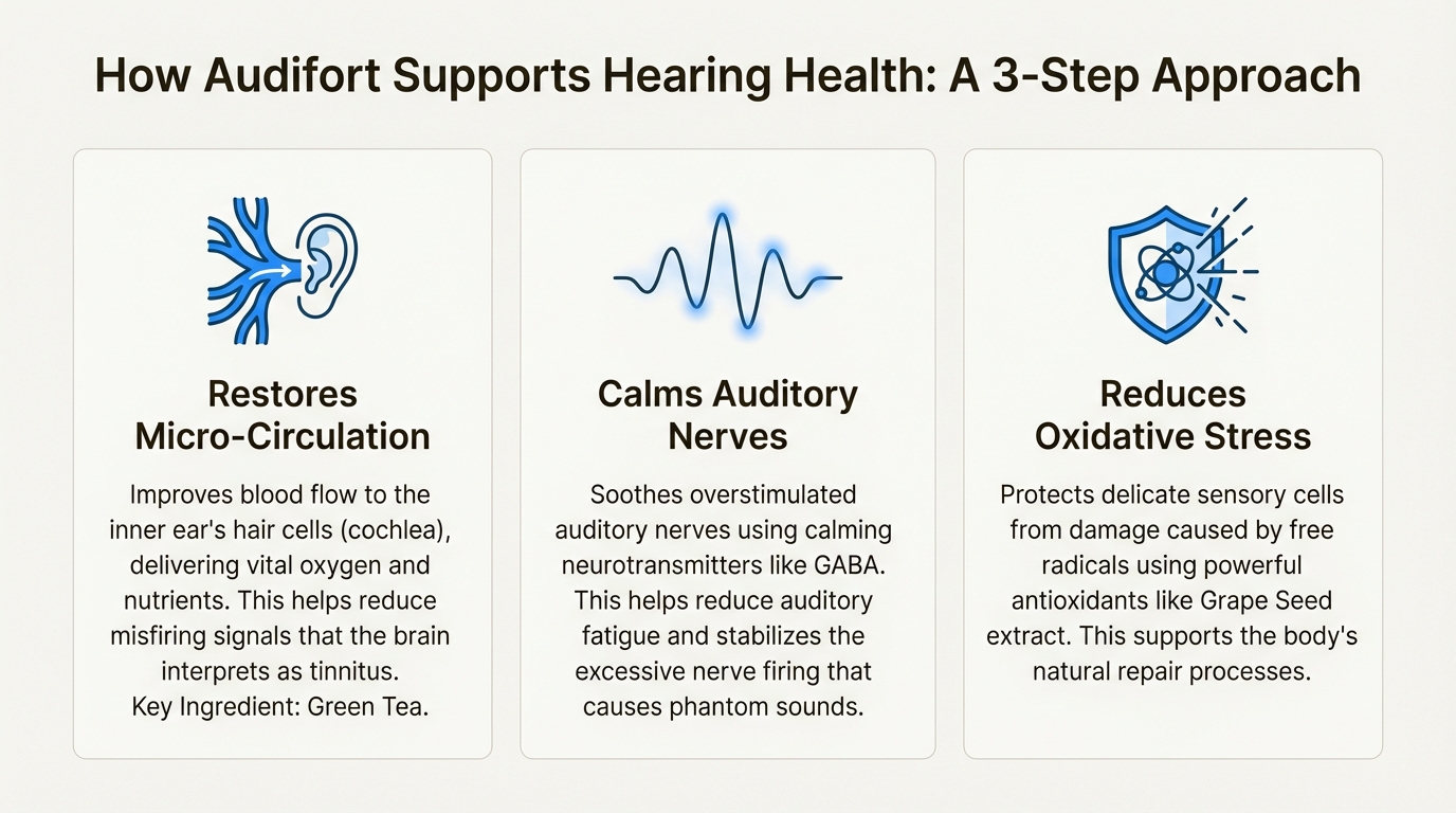 An infographic explaining the science behind Audifort Top Brain and Hearing, showing how it restores micro-circulation, calms nerves, and reduces oxidative stress.