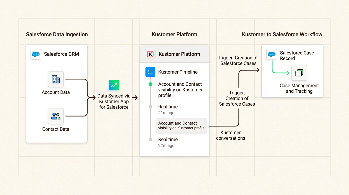 Diagrama de integración que muestra cómo Kustomer y Salesforce comparten datos de clientes entre los equipos de soporte y ventas