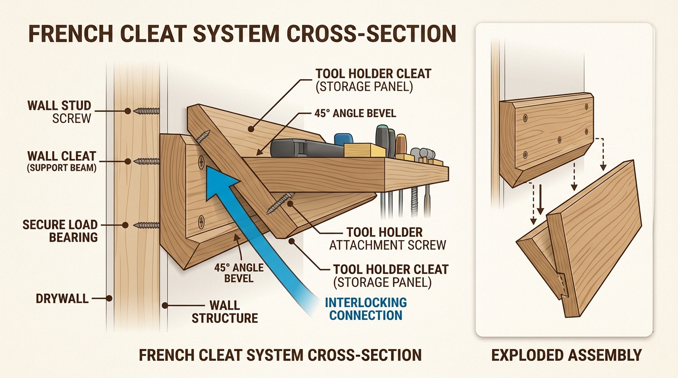The interlocking 45-degree angles of a French cleat system provide a rock-solid yet modular foundation for heavy power tools.