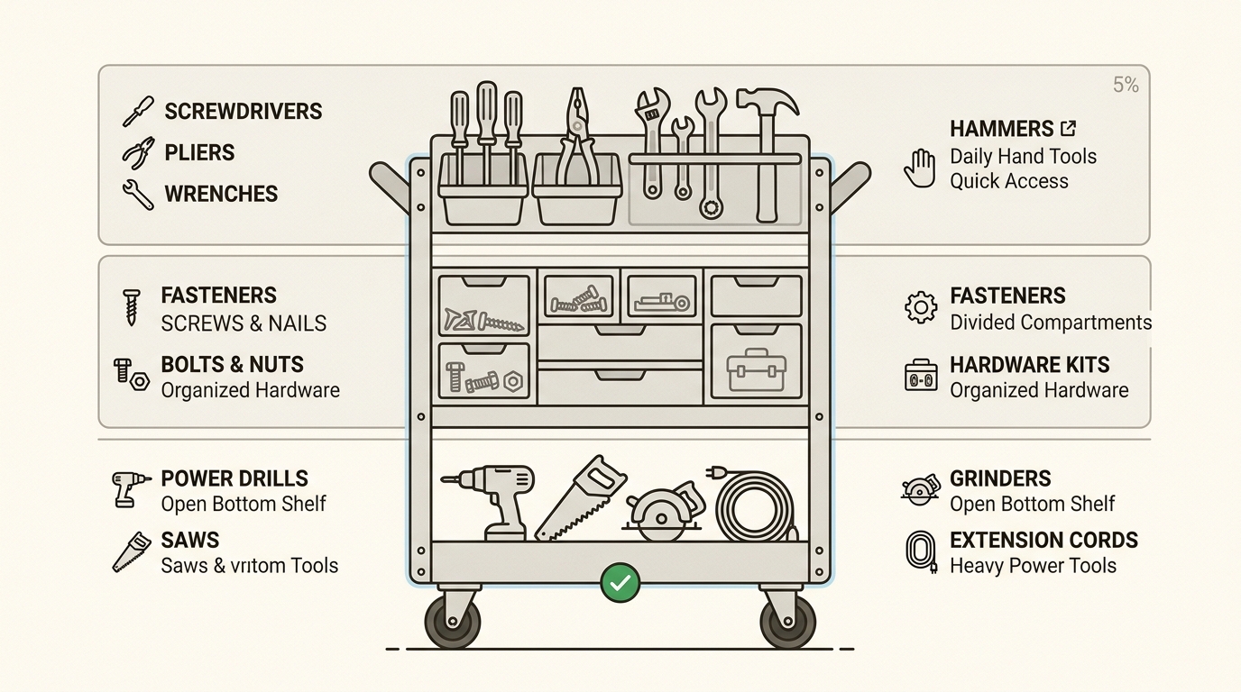 Tiered organization on a mobile cart ensures your most-used tools follow you to the project site, reducing wasted movement.